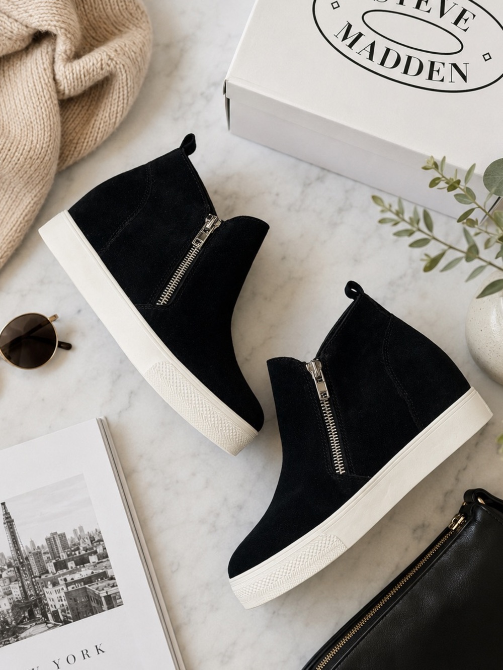Steve Madden Black Suede Hidden Wedge Zip Sneakers